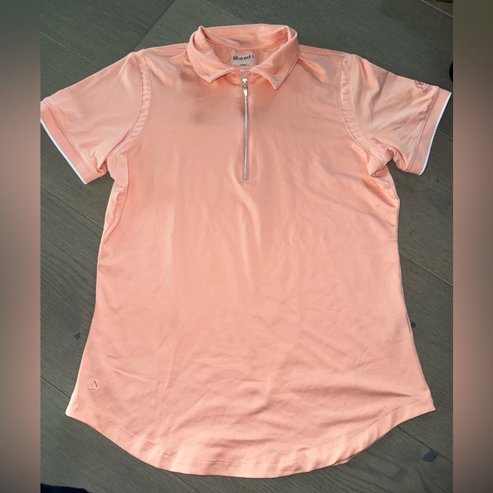 AHEAD PERFORMANCE Light Coral Zip Polo Shirt, Small